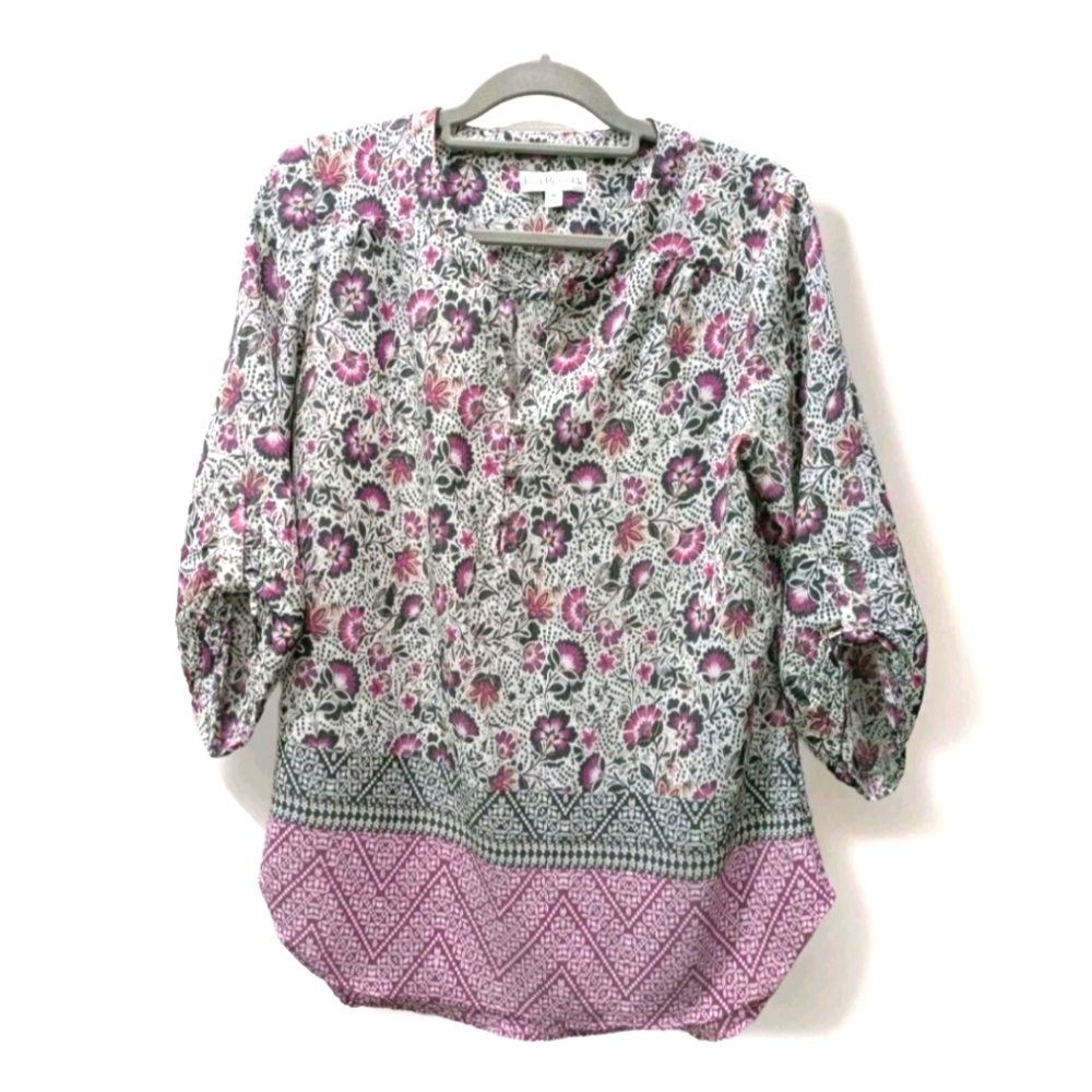 Boho Tunic Popover Floral Artsy 3/4 Sleeve Casual Womens Medium Relaxed Roll Tab